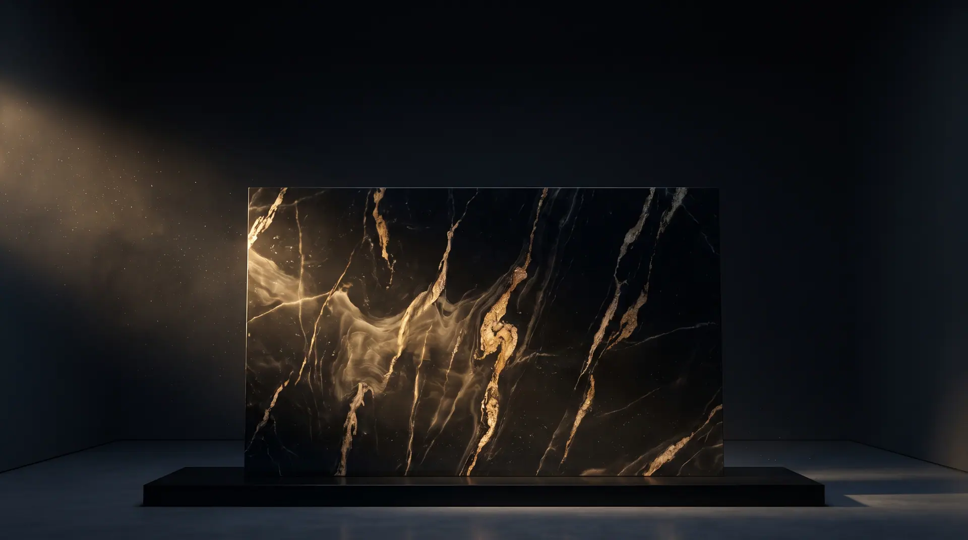Illuminated black and gold marble slab on a pedestal