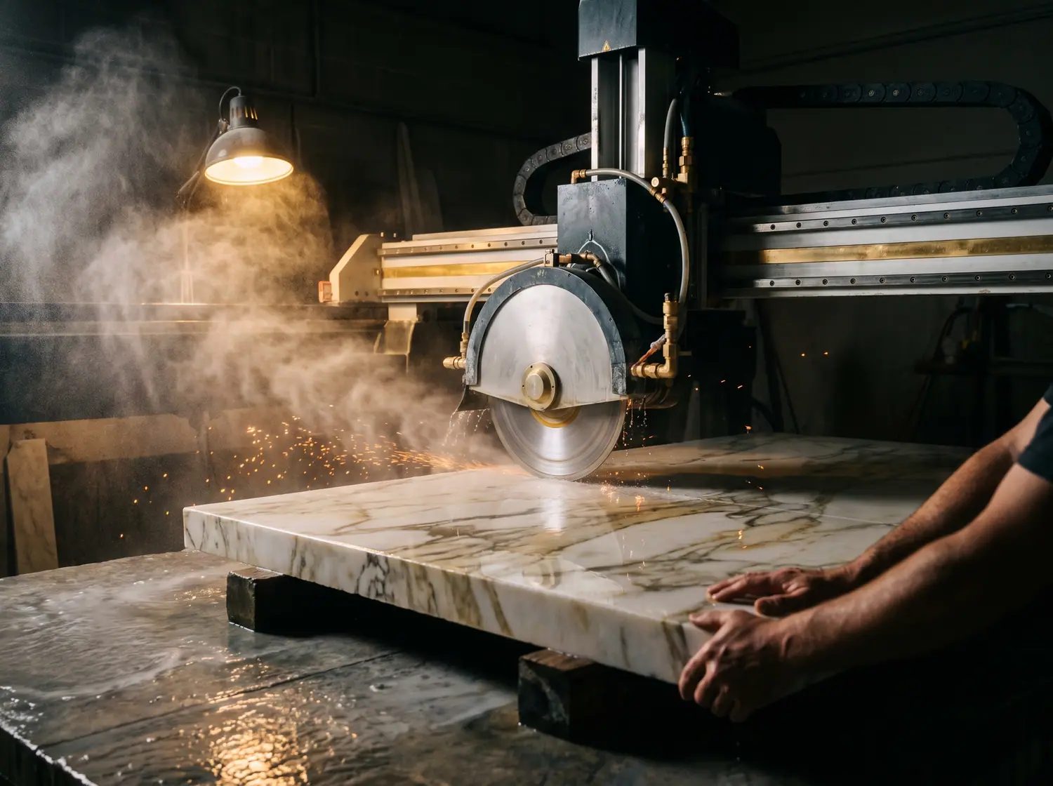 Precision CNC bridge saw cutting a marble slab