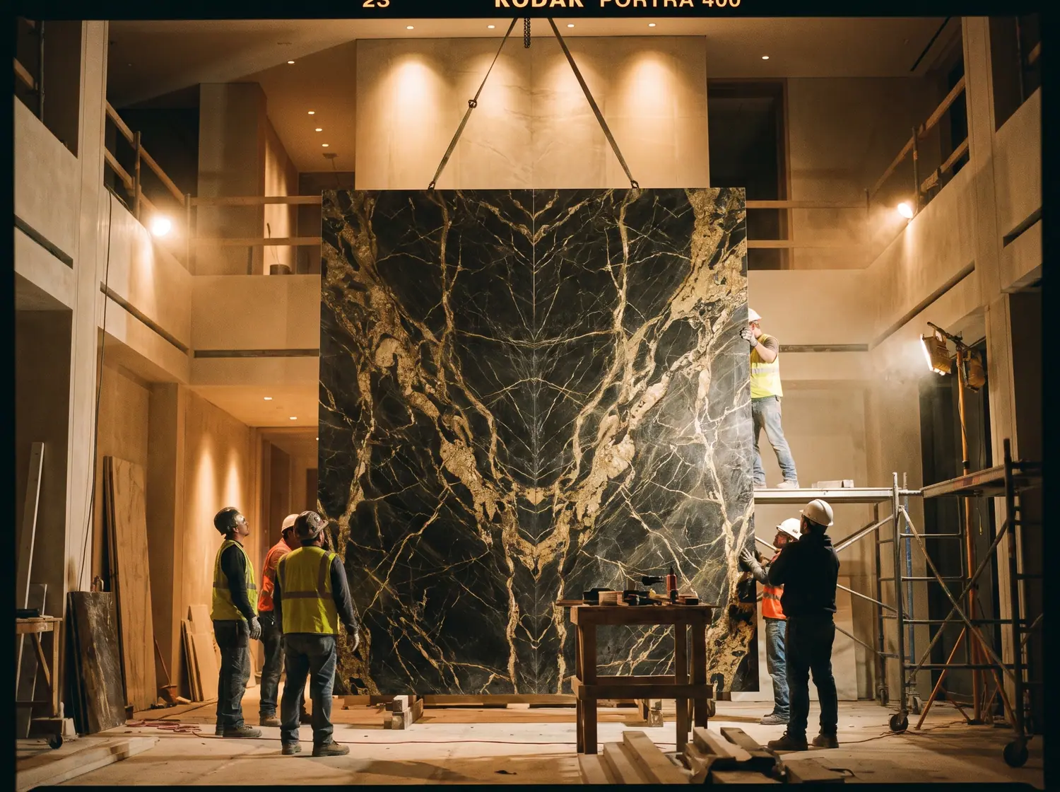 Installing a book-matched marble wall panel