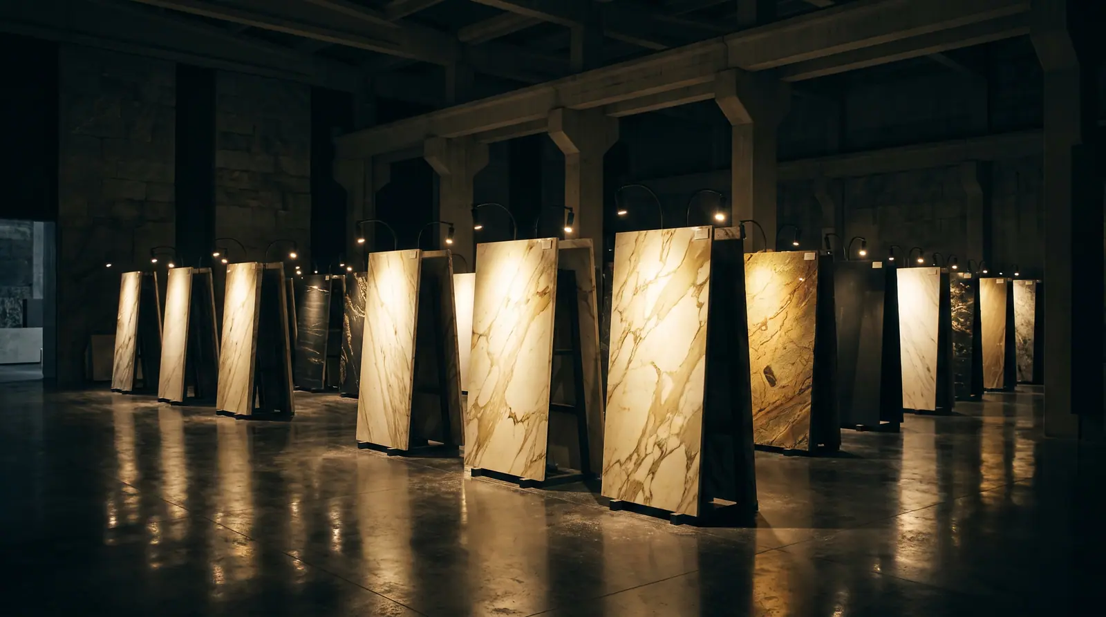 Wahdan stone showroom with backlit slabs